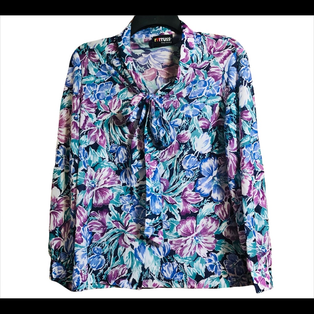 Vintage Colorful Russ Blouse with Tie Collar